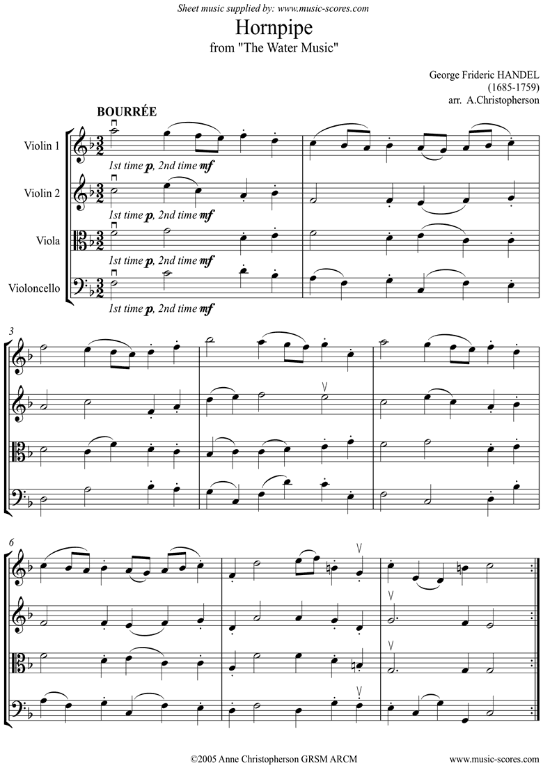 Front page of Water Music: Suite No1: Hornpipe String 4 sheet music