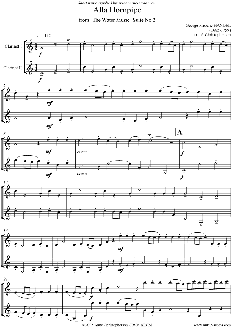 Front page of Water Music: Suite No.2: Alla Hornpipe: 2 Clarinets sheet music