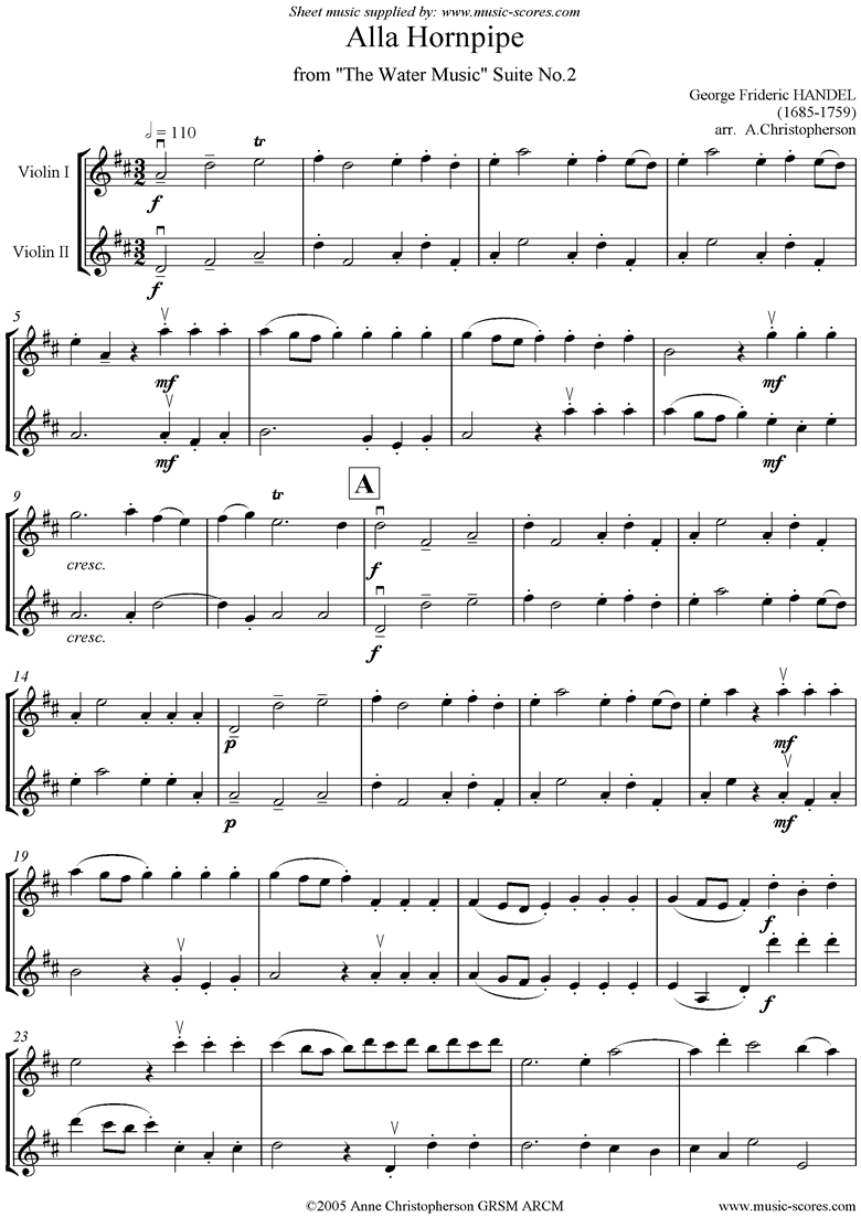 Front page of Water Music: Suite No.2: Alla Hornpipe: 2 Violins sheet music
