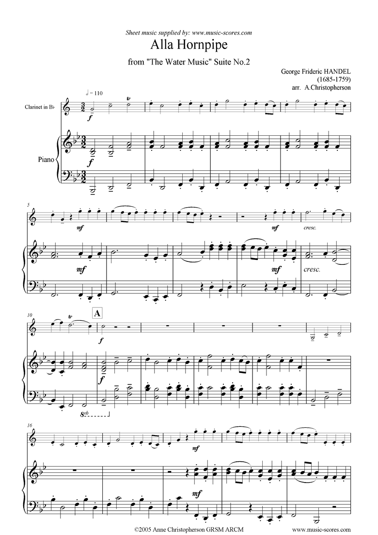 Front page of Water Music: Suite No.2: Alla Hornpipe: Clarinet sheet music