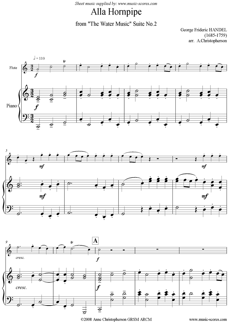 Front page of Water Music: Suite No.2: Alla Hornpipe: Flute sheet music