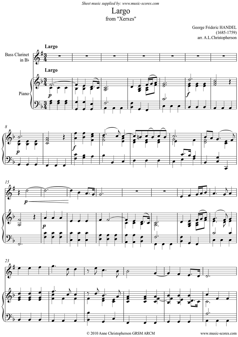 Front page of Xerxes: Largo: Bass Clarinet sheet music