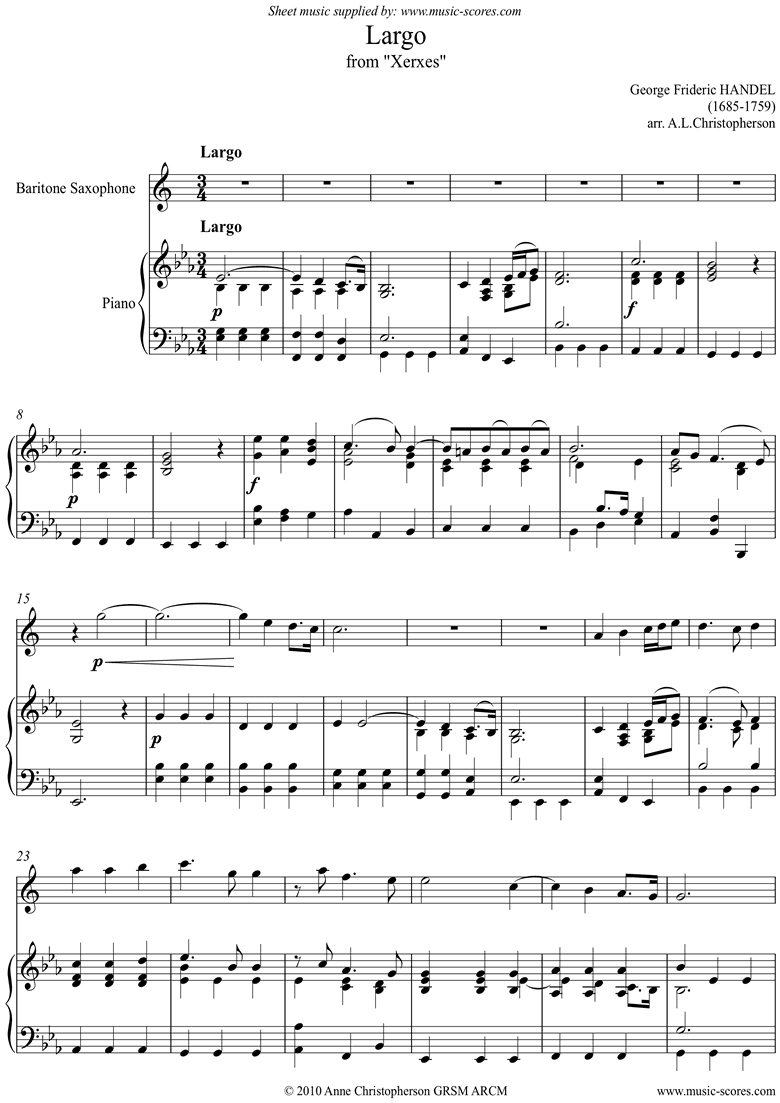 Front page of Xerxes: Largo: Baritone Sax sheet music