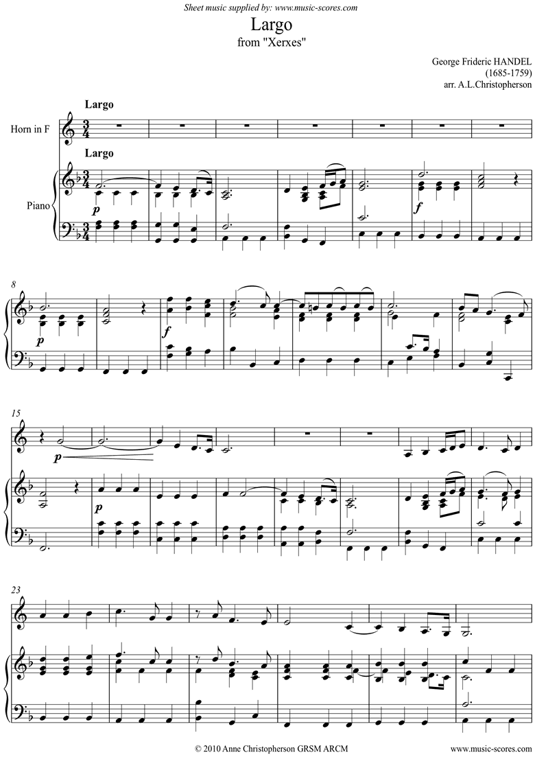 Front page of Xerxes: Largo: French Horn sheet music