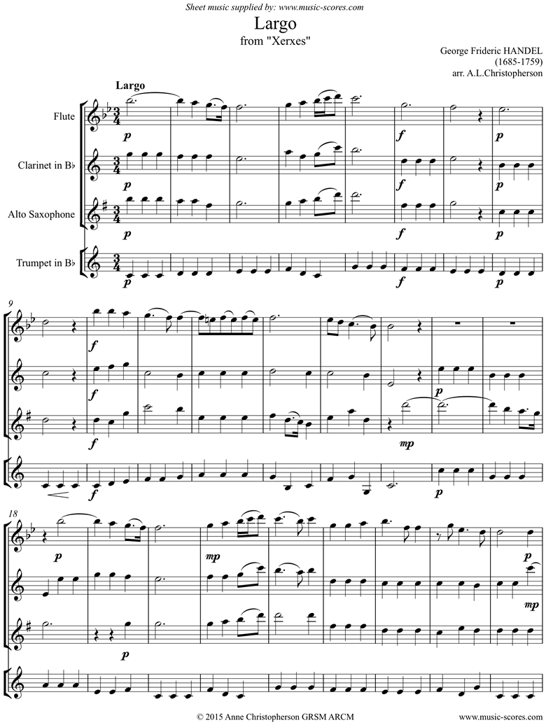 Front page of Xerxes: Largo: Flute, Clarinet, Alto Sax, Trumpet sheet music