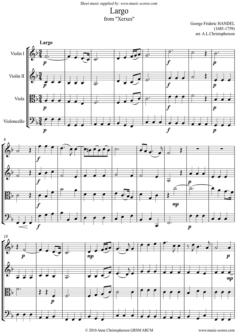 Front page of Xerxes: Largo: String Quartet sheet music