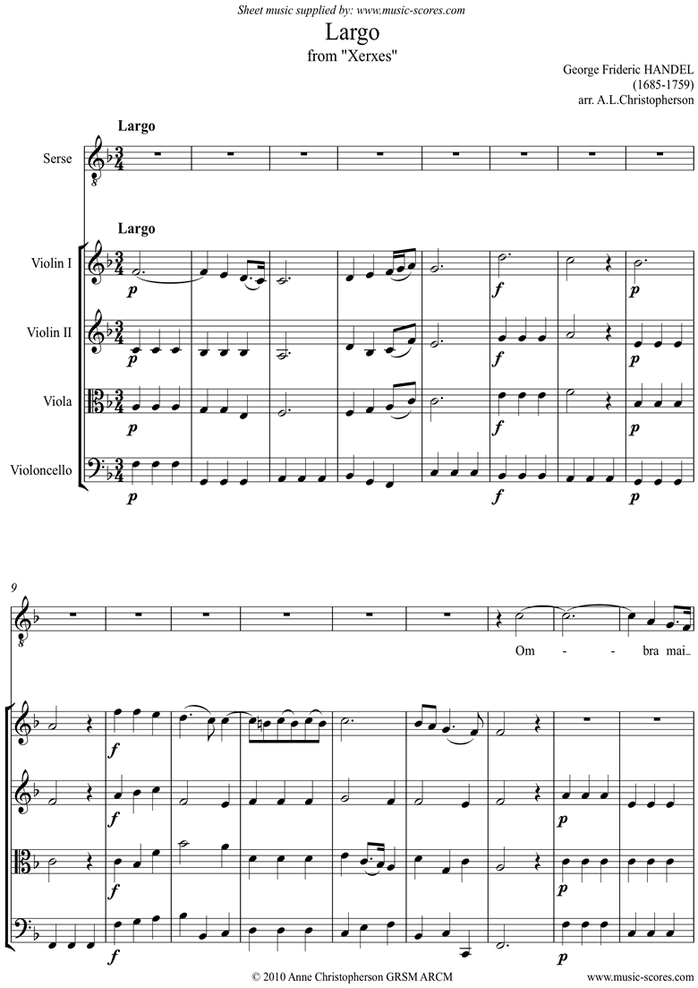 Front page of Xerxes: Largo: Voice and String Quartet sheet music