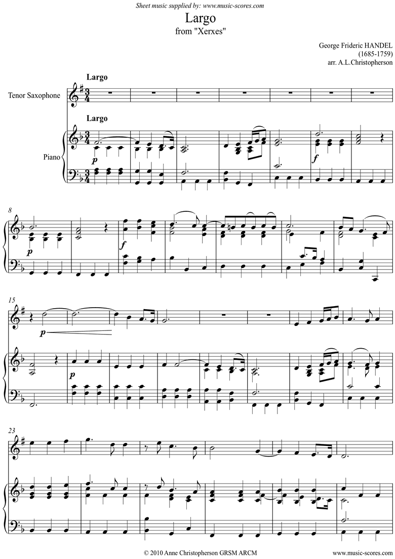 Xerxes: Largo: Tenor Sax by Handel