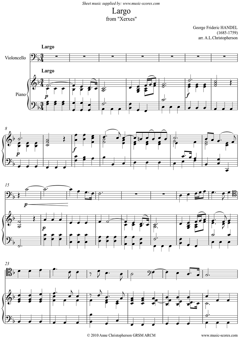 Front page of Xerxes: Largo: Cello sheet music