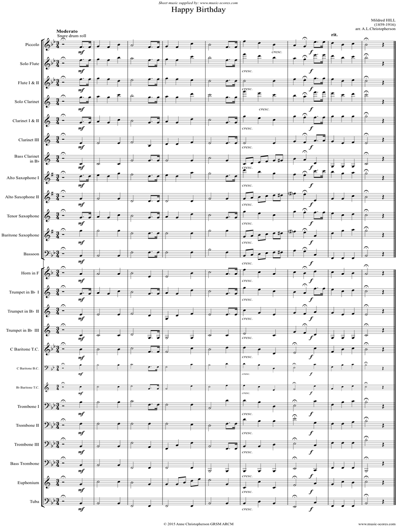 Front page of Happy Birthday: Concert band sheet music