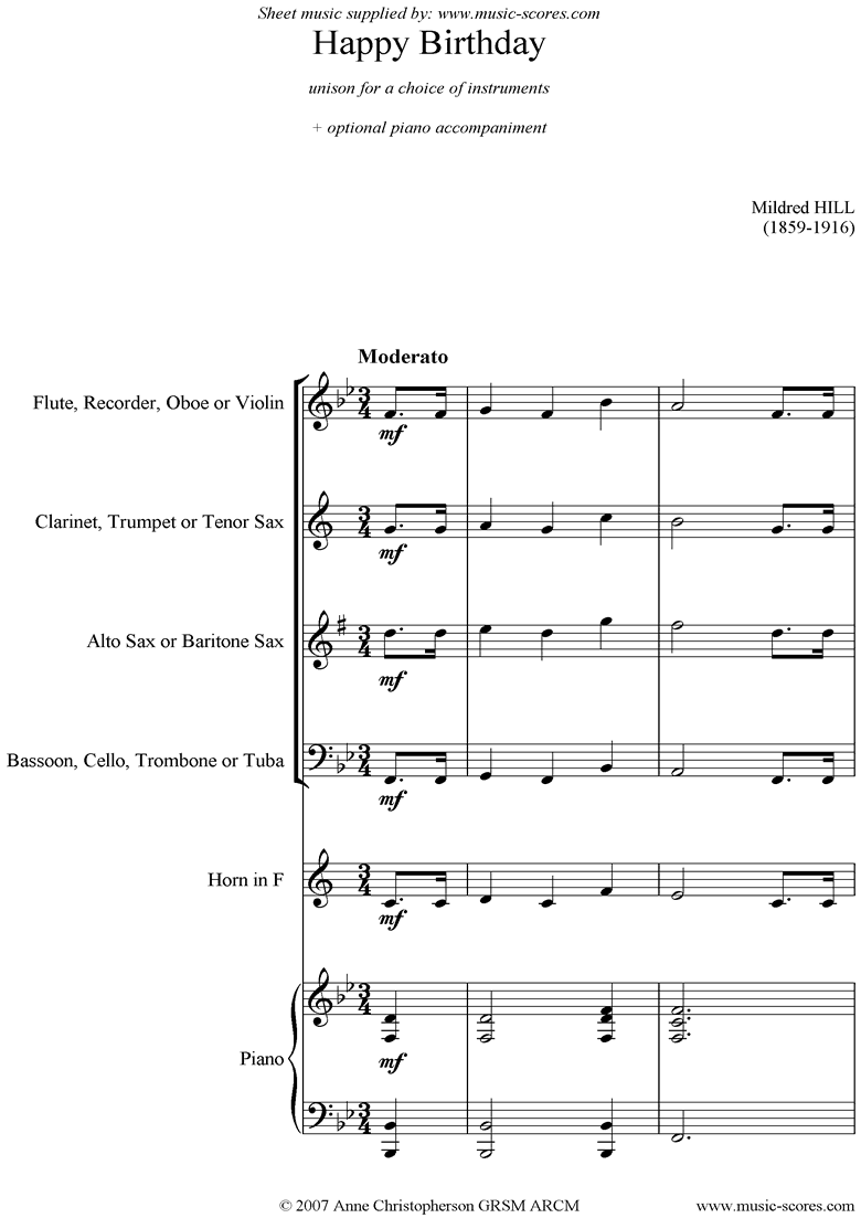 Front page of Happy Birthday: any instrument sheet music