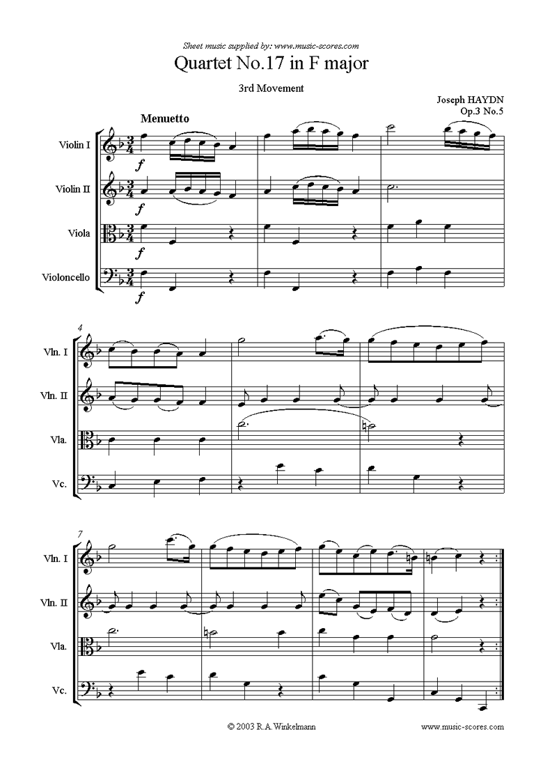 Front page of Op.3, No.5: Quartet No.17 in F major: 3rd mvt sheet music