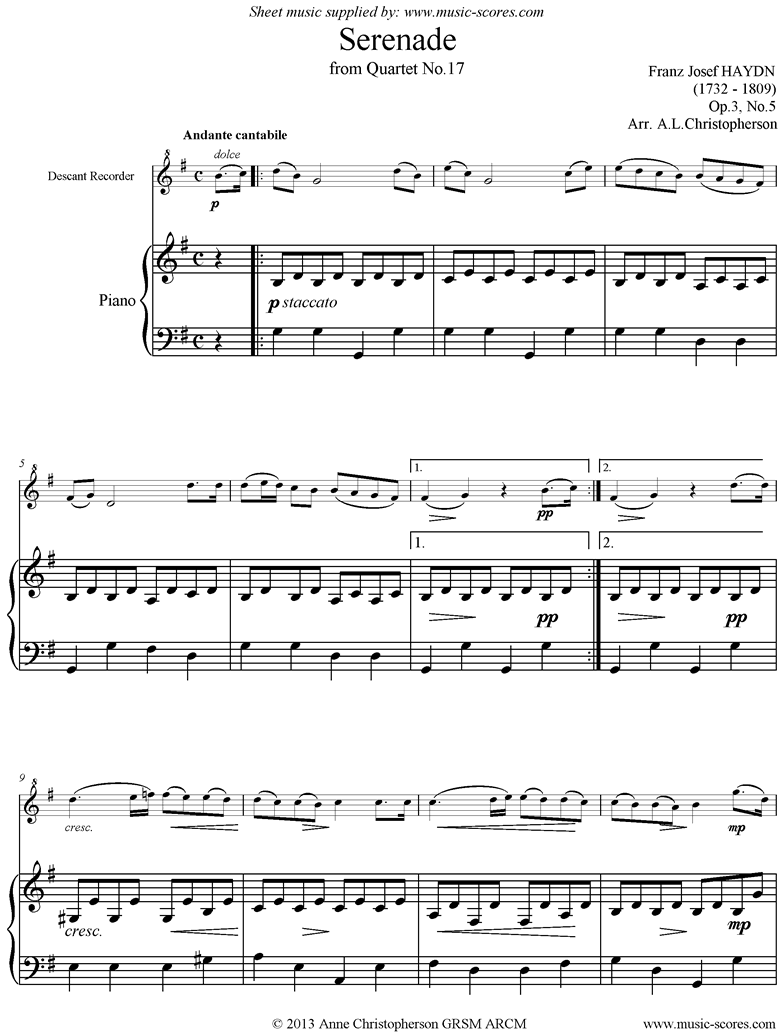 Op.3, No.5: Serenade: Andante Cantabile: Recorder and Piano by Haydn