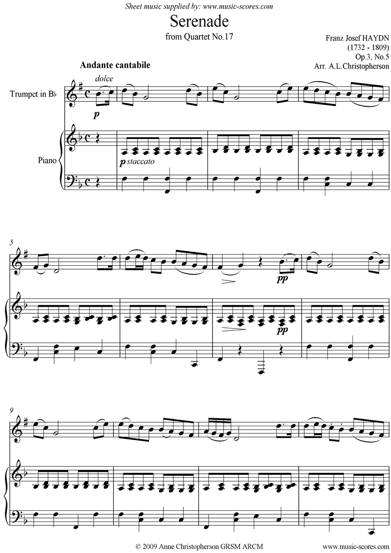 Front page of Op.3, No.5: Serenade: Andante Cantabile: Trumpet and Piano sheet music