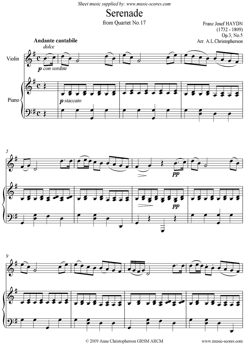Op.3, No.5: Serenade: Andante Cantabile: Violin and Piano by Haydn