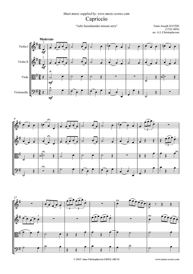 Front page of Capriccio: 2 violins, viola and cello sheet music