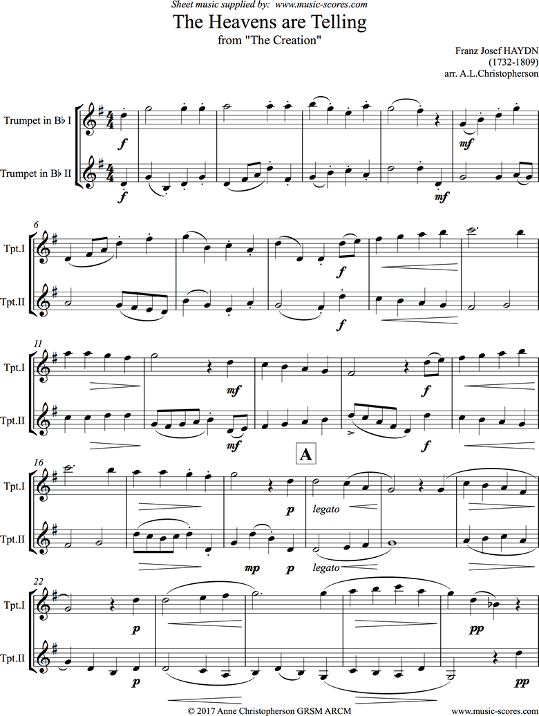 Front page of The Creation: The Heavens are Telling: 2 Trumpets sheet music