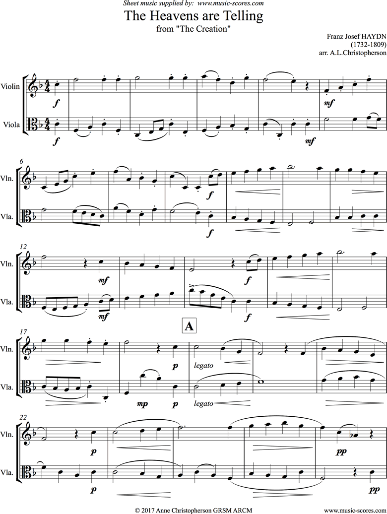 Front page of The Creation: The Heavens are Telling: Violin, Viola sheet music
