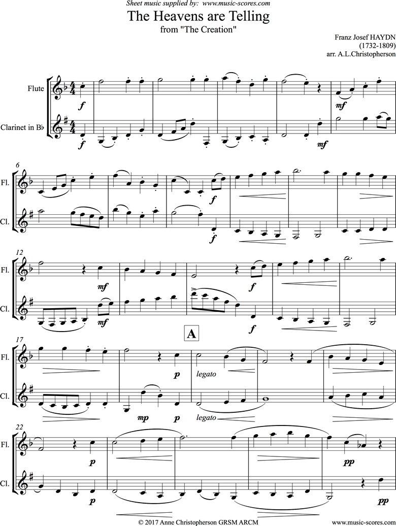Front page of The Creation: The Heavens are Telling: Flute, Clarinet: F ma sheet music