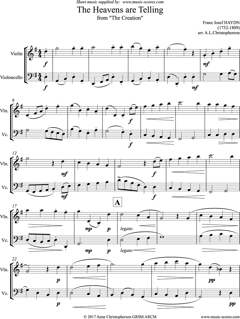 Front page of The Creation: The Heavens are Telling: Violin, Cello sheet music