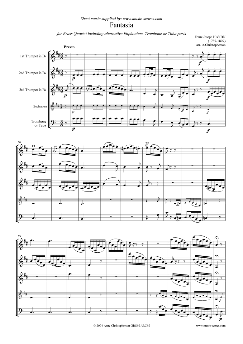Front page of Fantasia: 3 trumpets trombone or tuba or euphonium sheet music
