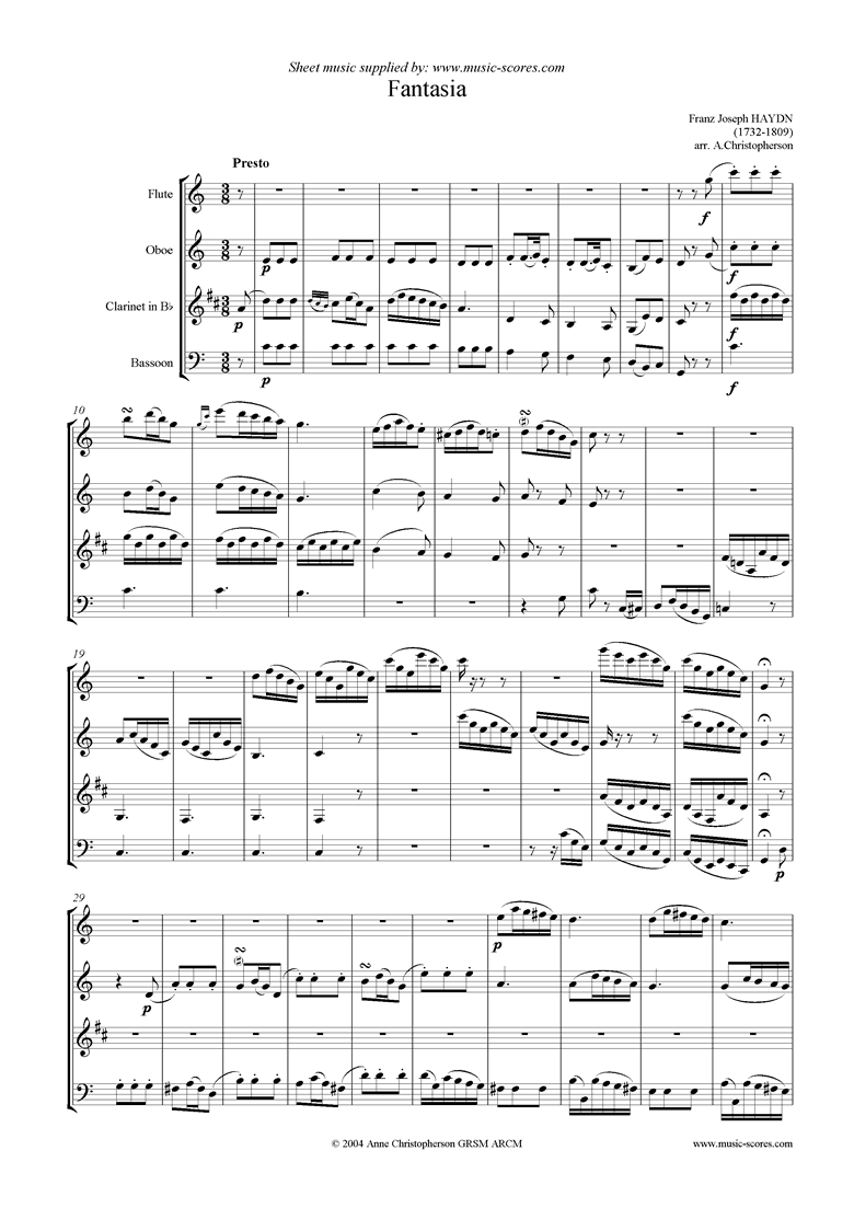 Front page of Fantasia: flute oboe clarinet bassoon or bass cl sheet music