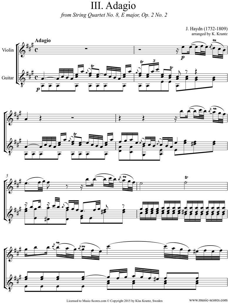 Front page of Op.2, No.2: Quartet No.8: 3rd mvt, Adagio: Violin, Guitar sheet music