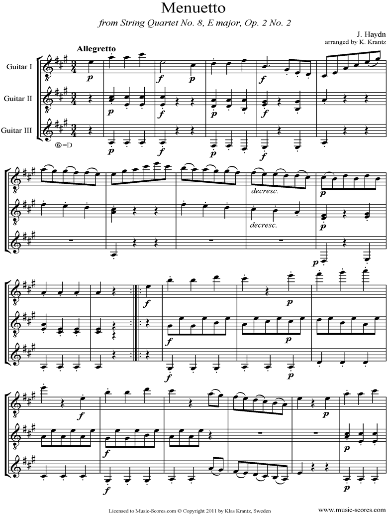 Front page of Op.2, No.2: Quartet No.8: 4th mvt, Minuet and Trio: 3 Guitars sheet music