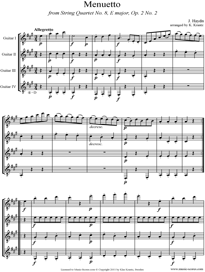 Front page of Op.2, No.2: Quartet No.8: 4th mvt, Minuet and Trio; 4 Guitars sheet music