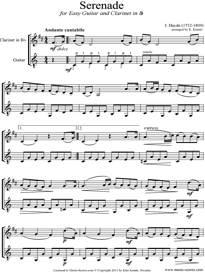 Front page of Op.3, No.5: Quartet No.17 in F major: 2nd mvt: Clarinet, Guitar sheet music