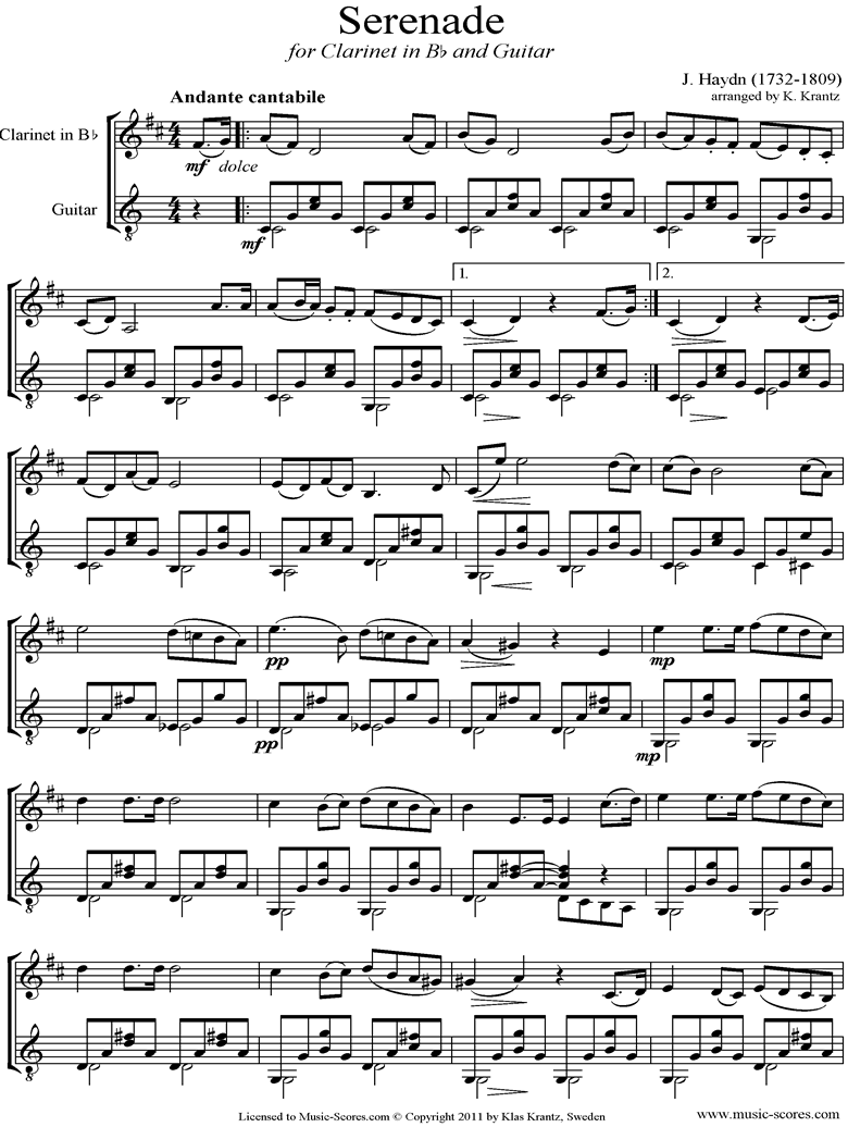 Front page of Op.3, No.5: Quartet No.17 in F major: 2nd mvt: Clarinet, Guitar sheet music