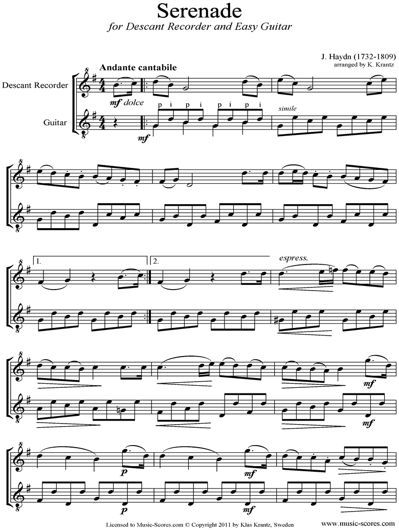 Front page of Op.3, No.5: Quartet No.17 in F major: 2nd mvt: Descant Recorder, Guitar sheet music