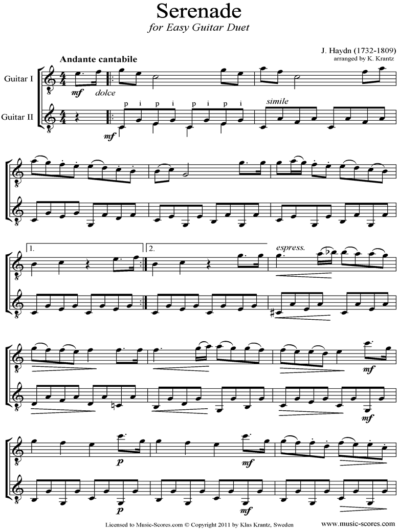Front page of Op.3, No.5: Quartet No.17 in F major: 2nd mvt: easy 2 Guitars sheet music