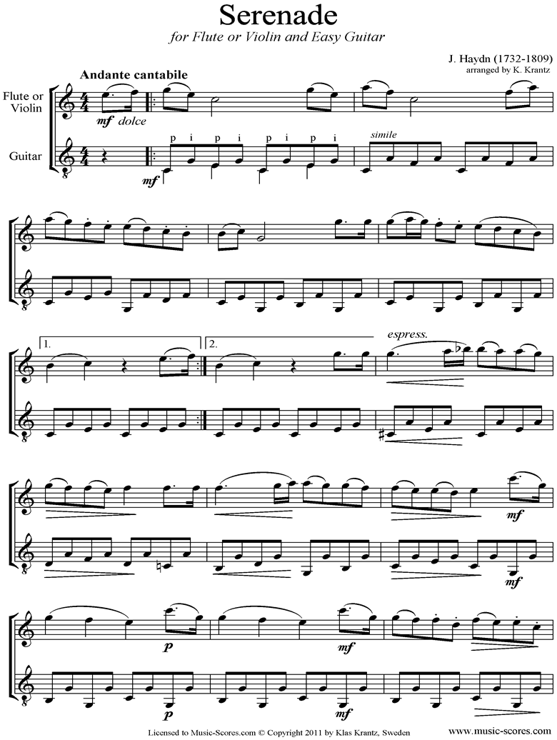 Front page of Op.3, No.5: Quartet No.17 in F major: 2nd mvt: Flute, Guitar sheet music