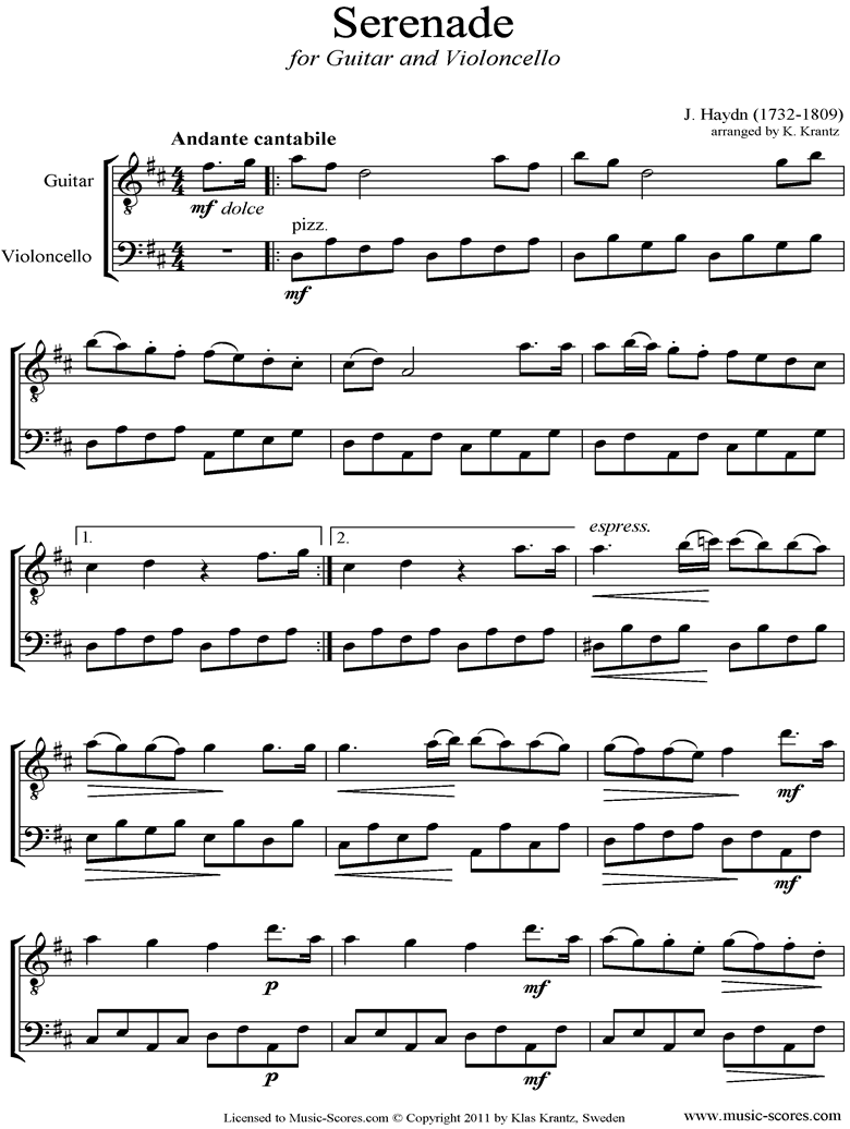 Front page of Op.3, No.5: Quartet No.17 in F major: 2nd mvt: Guitar, Cello sheet music