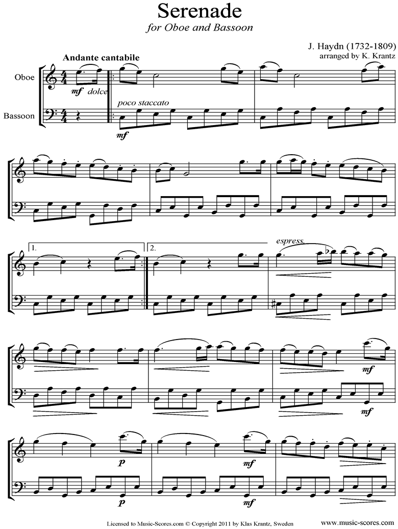 Front page of Op.3, No.5: Quartet No.17 in F major: 2nd mvt: Oboe and Bassoon sheet music