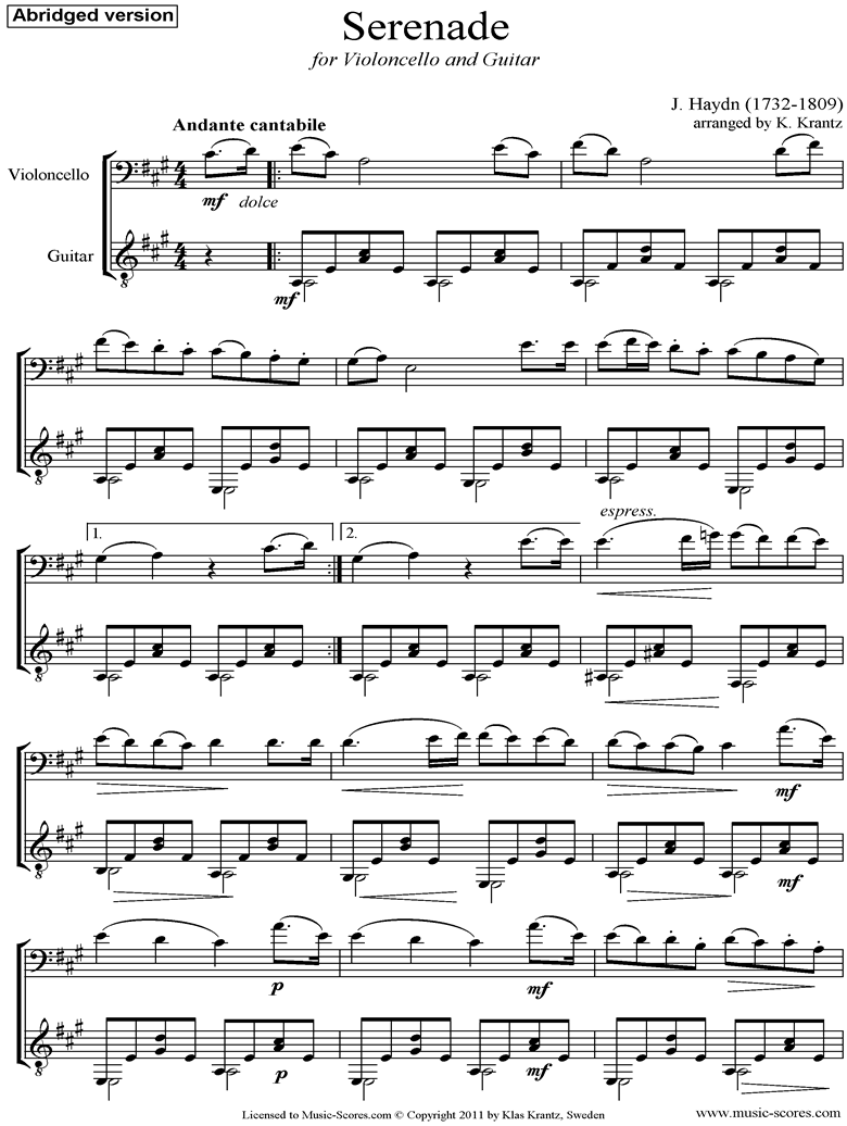 Front page of Op.3, No.5: Quartet No.17 in F major: 2nd mvt: Cello, Guitar, short version sheet music