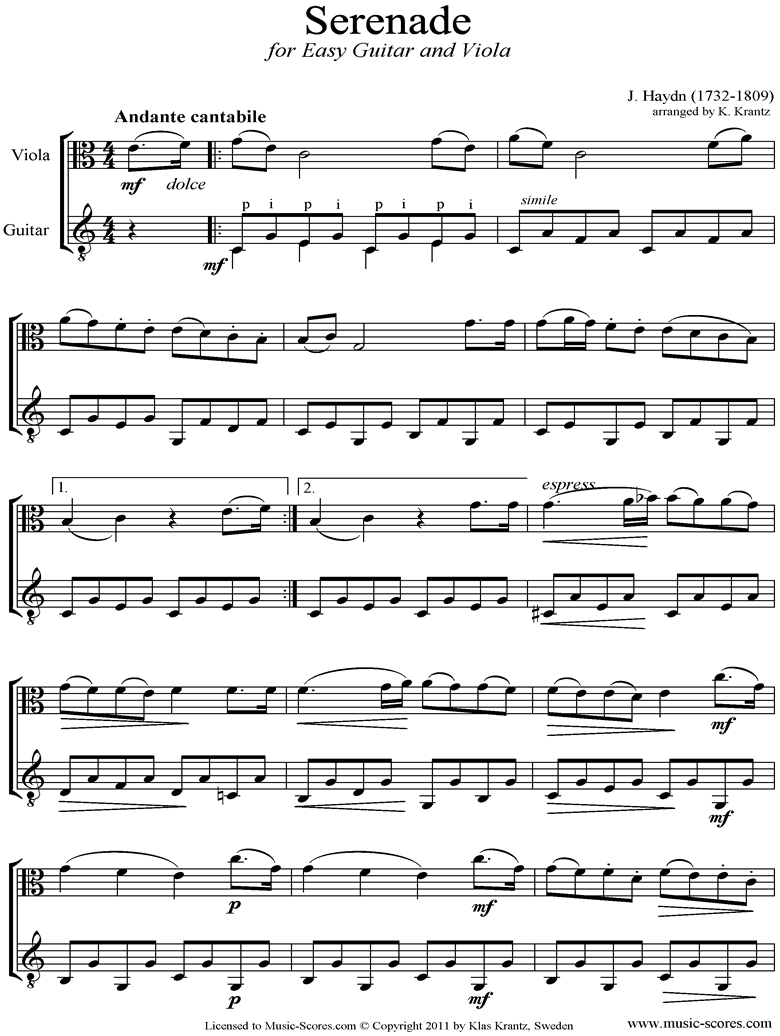 Front page of Op.3, No.5: Quartet No.17 in F major: 2nd mvt: Viola, Guitar sheet music