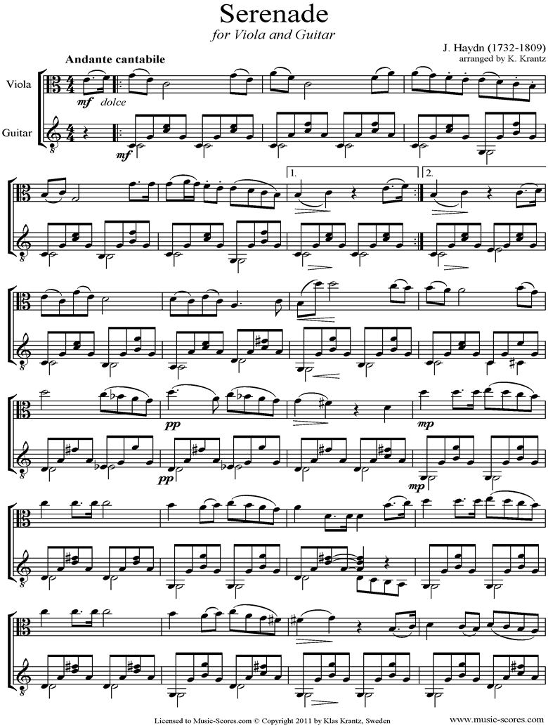 Front page of Op.3, No.5: Quartet No.17 in F major: 2nd mvt: Viola, Guitar sheet music