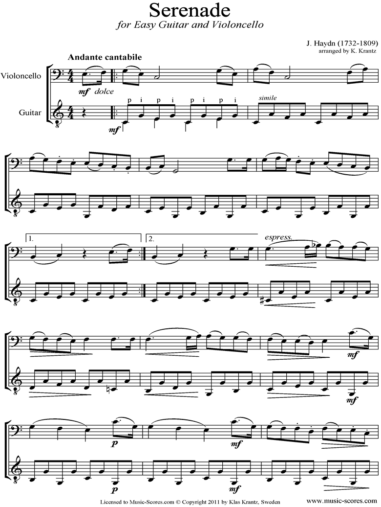 Front page of Op.3, No.5: Quartet No.17 in F major: 2nd mvt: Cello, Guitar sheet music