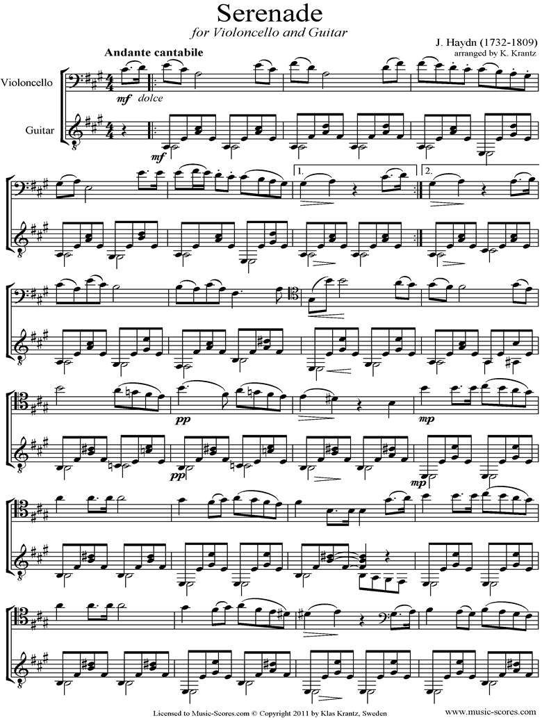 Front page of Op.3, No.5: Quartet No.17 in F major: 2nd mvt: Cello, Guitar sheet music