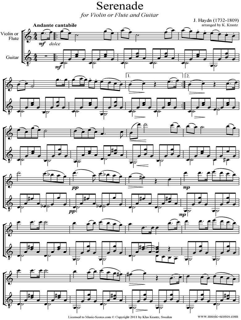 Front page of Op.3, No.5: Quartet No.17 in F major: 2nd mvt: Violin, Guitar sheet music