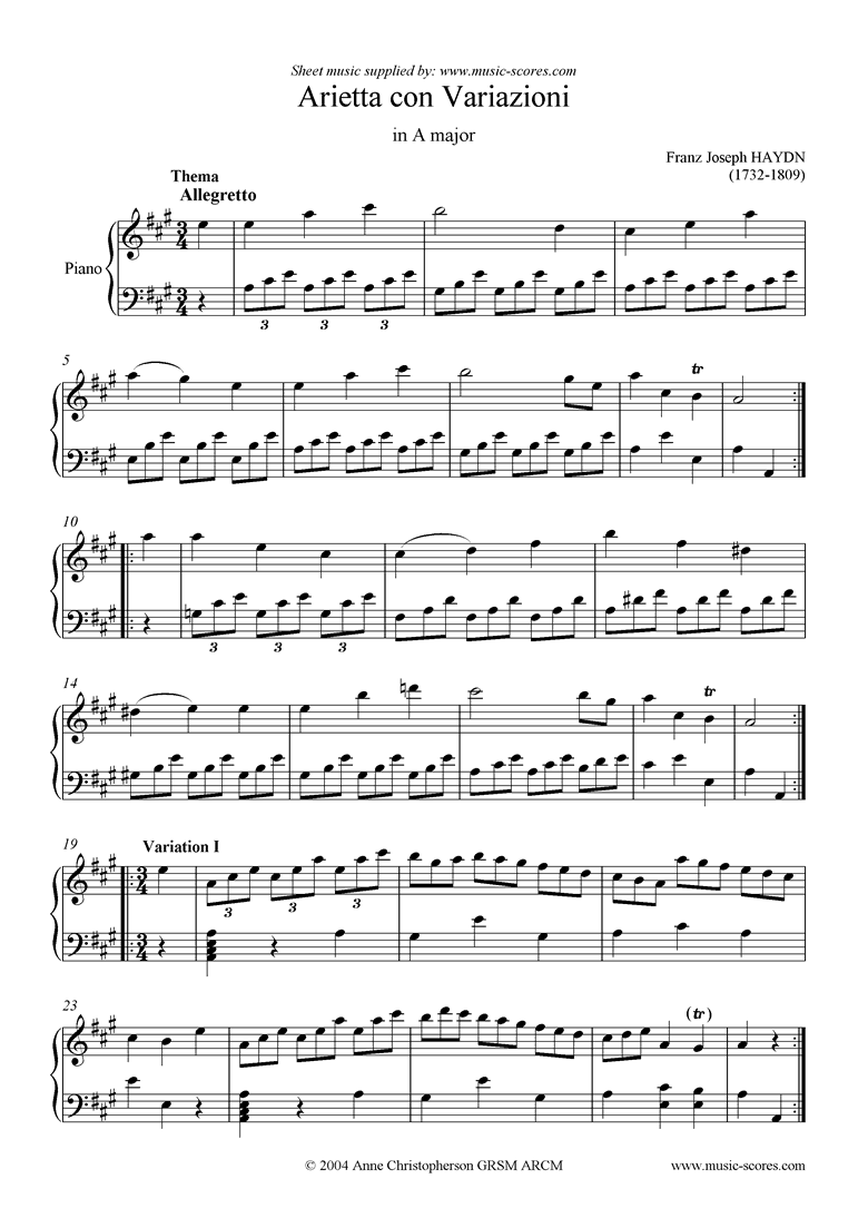 Front page of Arietta con Varizione in A sheet music