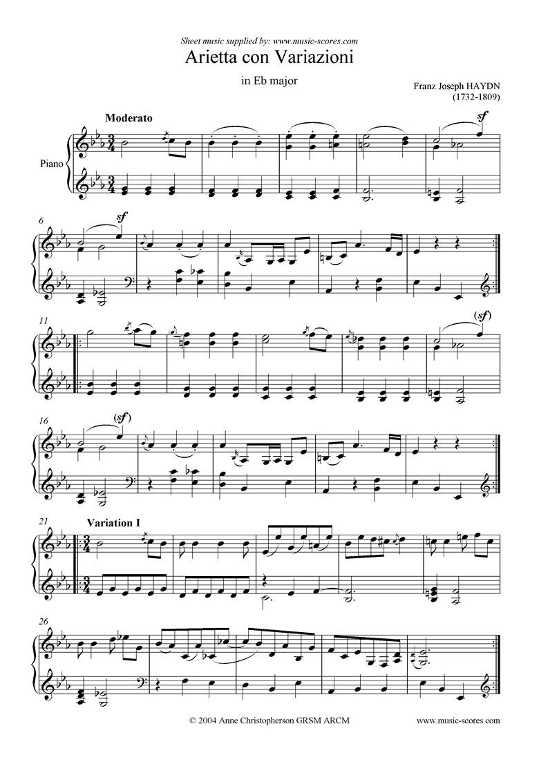 Front page of Arietta con Varizione in Eb sheet music