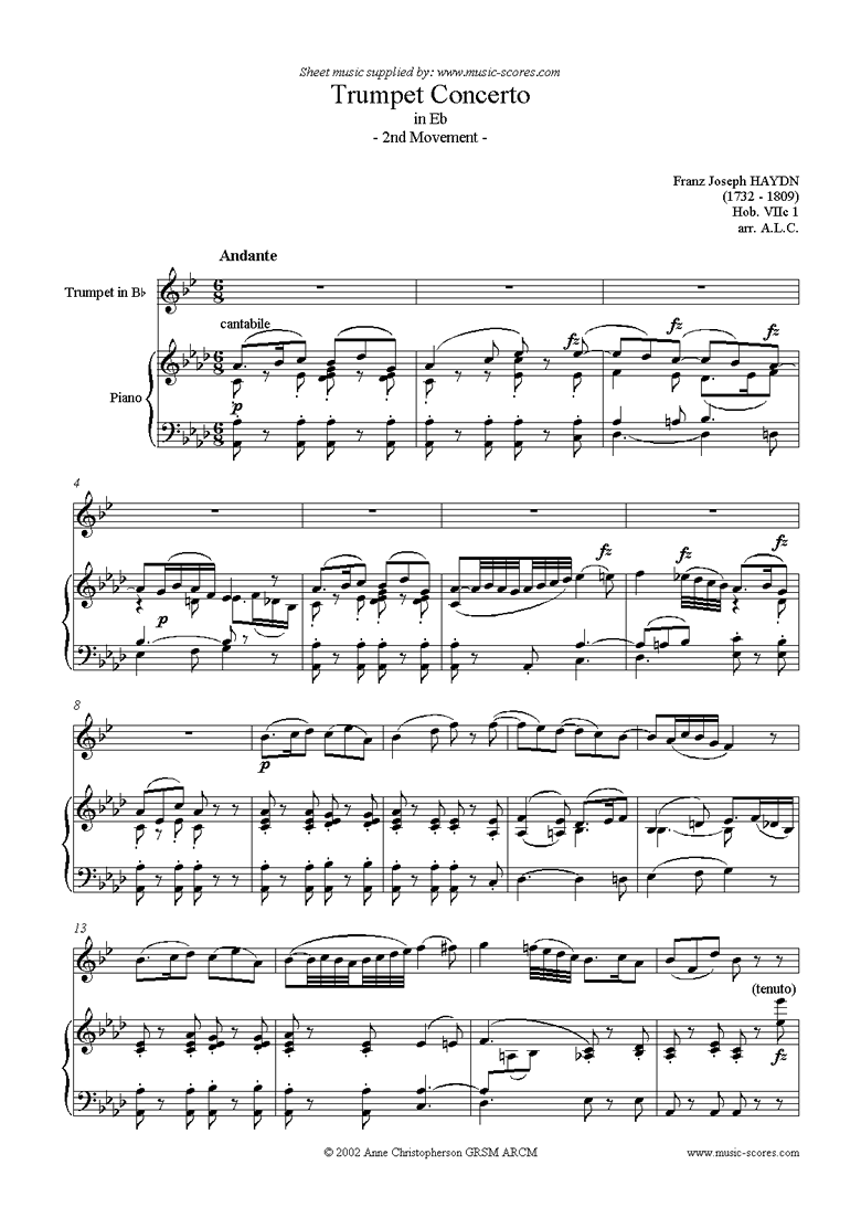 Front page of Trumpet Concerto, 2nd Movement: Hob. VIIc 1 sheet music