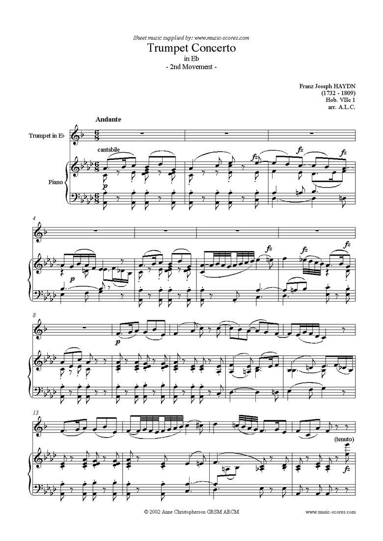 Front page of Trumpet Concerto, 2nd Movement: Hob. VIIc 1 sheet music