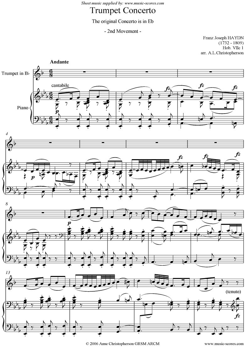 Front page of Trumpet Concerto, 2nd Movement down a 4th Bb trump sheet music