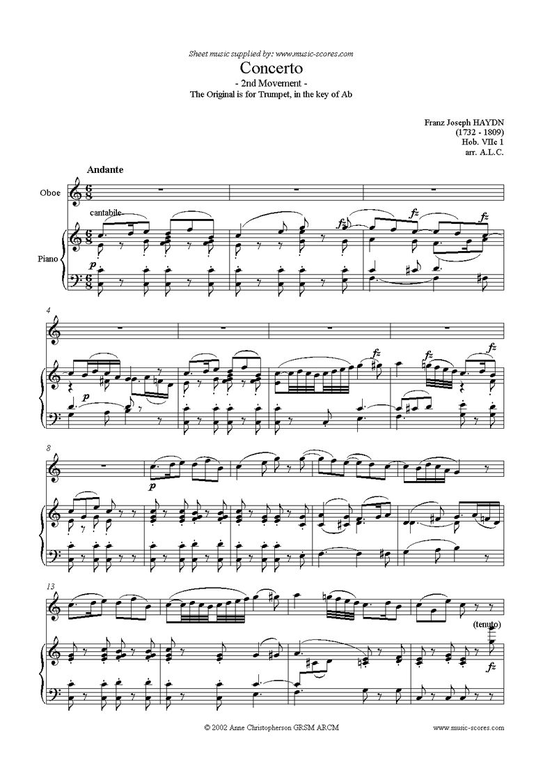 Front page of Trumpet Concerto, 2nd Movement: Hob. VIIc 1 sheet music