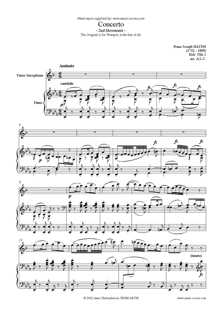 Front page of Trumpet Concerto, 2nd Movement: Hob. VIIc 1 sheet music