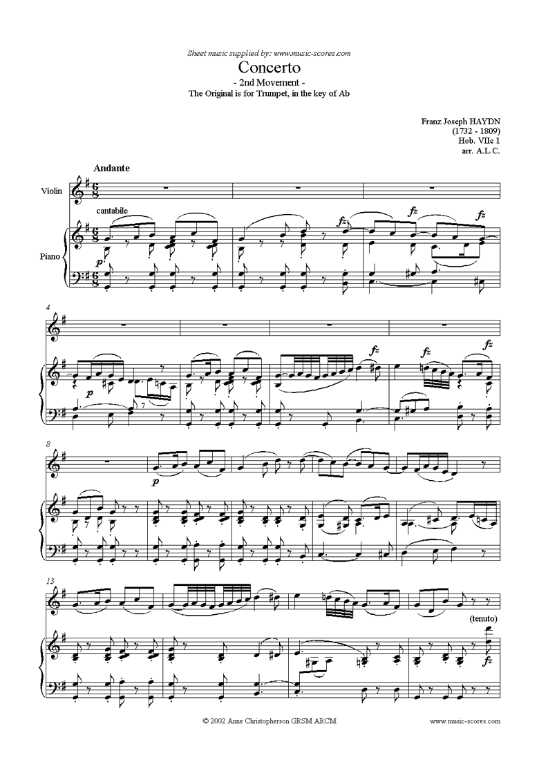 Front page of Trumpet Concerto, 2nd Movement: Hob. VIIc 1 sheet music